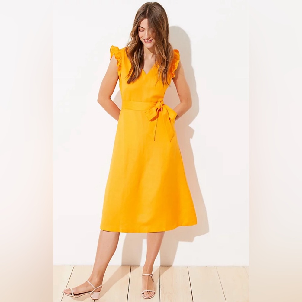 LOFT Women’s Yellow Size 4 Dress Ruffles Sleeves & Cutout Button Back Midi Dress
